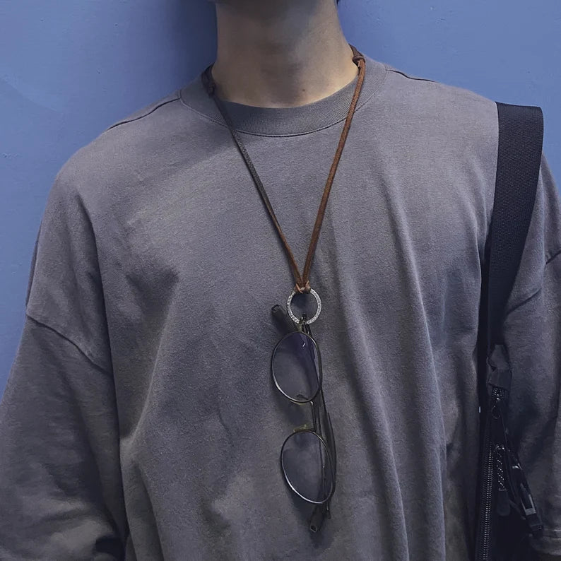 Leather Men Ring Pendant Necklace With Adjustable Rope - Ornaments Co - Gold