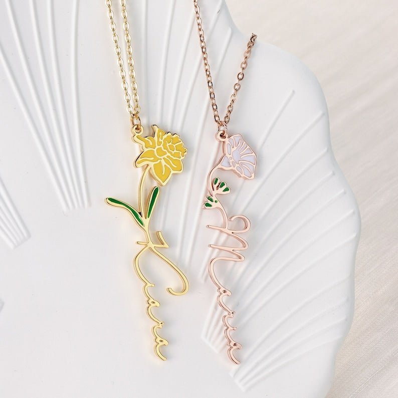 Personalized Birth Name Floral Necklace - Ornaments Co - 18K Gold Plated