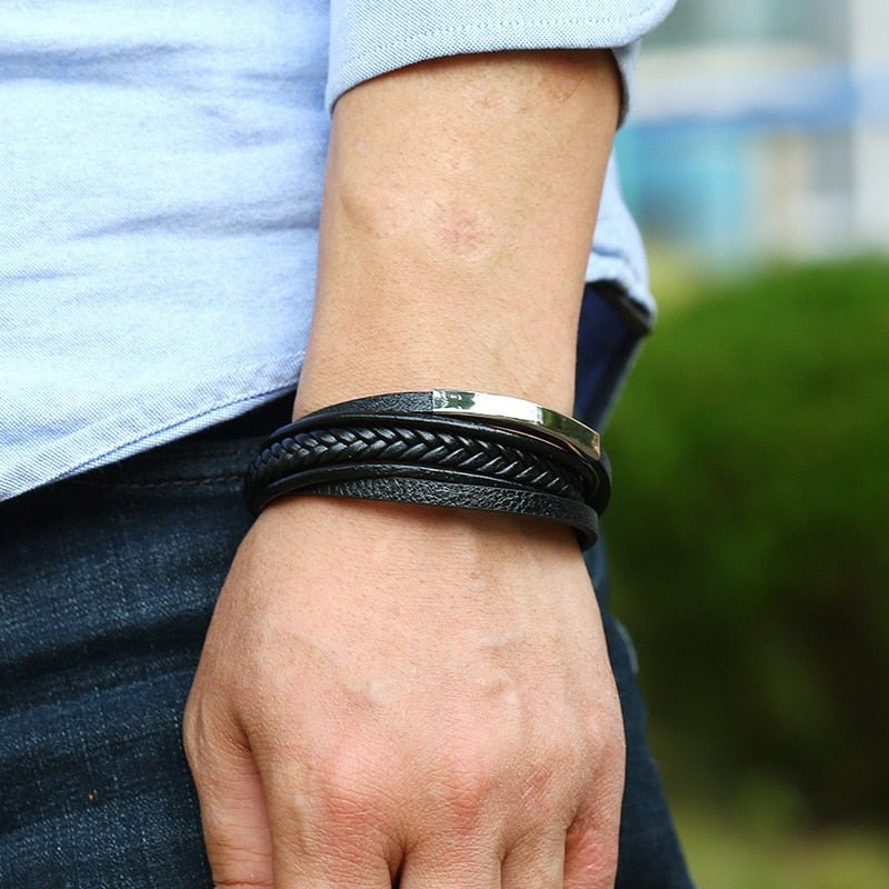 Personalized Name Multilayered Braided Leather Bracelet - Ornaments Co - Black