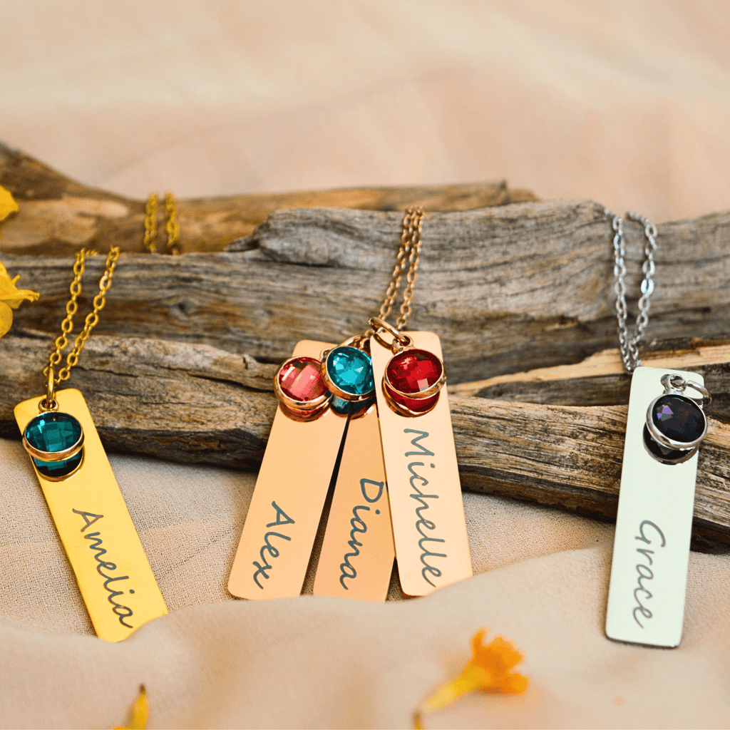 Personalized Names Birthstone Bar Necklace For Women - Ornaments Co - Gold