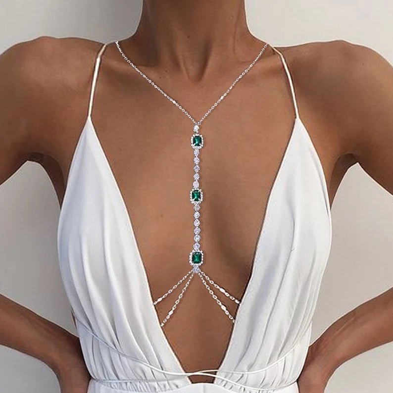 Women Green Stone Body Chain - Ornaments Co - Silver